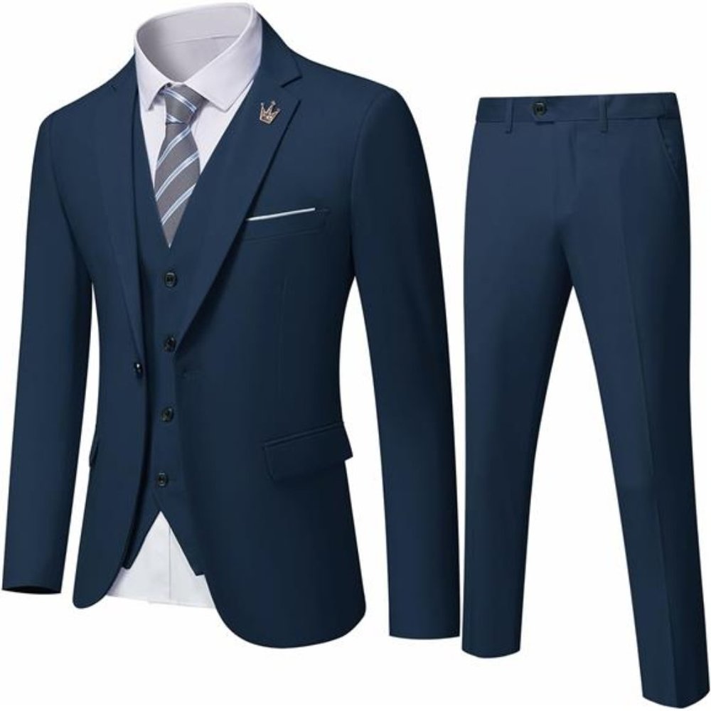 Men's 3 Piece Slim Fit Suit, One Button Jacket Blazer Vest Pants Set and Tie